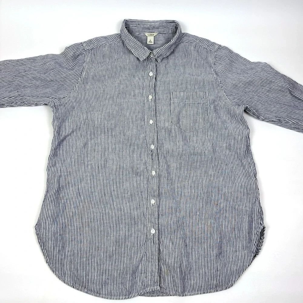 LL Bean Premium Washable Linen Button Up Shirt Womens Sz L White Blue Tunic - Picture 2 of 16